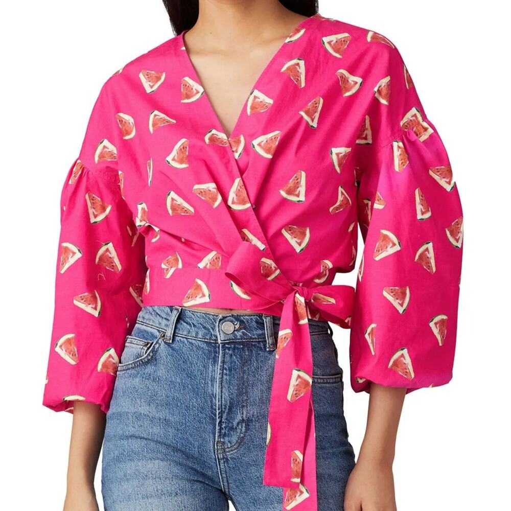 Color Me Courtney Emily Wrap Top XS Novelty Watermelon Pink Puff Sleeve Cropped